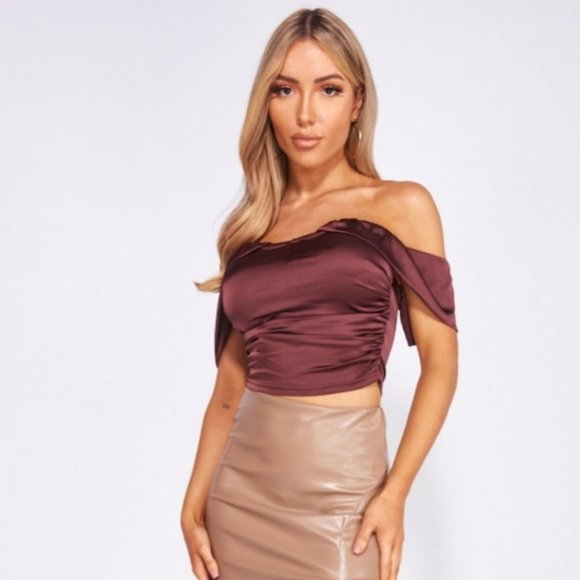 Tops - Brown Satin Silk Draped Short Sleeve Off Shoulder Ruched Crop Top